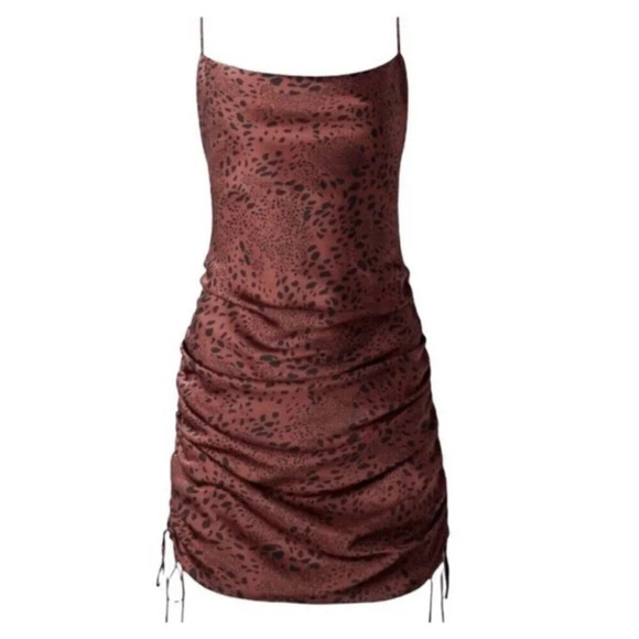 Aritzia Wilfred Only Ruched Slip Satin Dress Leopard Animal Print Size Medium - Picture 2 of 7